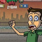 Komiksowa postać mężczyzny z dużymi oczami, wyglądająca na przestraszoną, na tle ulicy z sylwetką miasta i postacią zombie w oddali