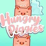 Różowe, kwadratowe świnki na niebieskim tle z napisem Hungry Piggies