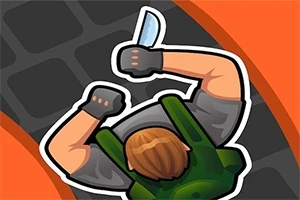 Postać z widokiem z góry trzymająca nóż, ubrana w zielony plecak i rękawice, na tle pomarańczowo-szarych kształtów