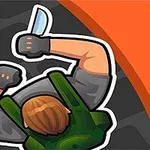 Postać z widokiem z góry trzymająca nóż, ubrana w zielony plecak i rękawice, na tle pomarańczowo-szarych kształtów