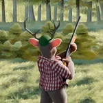 Jeleń w koszuli w kratę i zielonej czapce trzyma strzelbę, stojąc na tle lasu