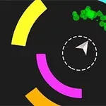 Kolorowe, okrągłe pierścienie z białą strzałką i zielonymi cząsteczkami na czarnym tle