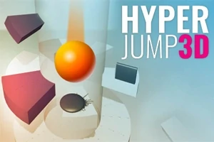 Pomarańczowa kula unosi się nad różnymi kształtami geometrycznymi na tle napisu HYPER JUMP 3D