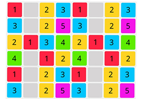 Kolorowa siatka z liczbami od 1 do 5, gdzie każde pole ma inny kolor tła: czerwony, szary, żółty, niebieski, zielony i różowy