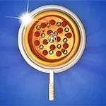 Ilustracja pokazuje pizzę na patelni z uchwytem, na niebieskim tle