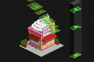 Mały sklep z lodami z różowym daszkiem, obok którego unoszą się zielone banknoty na czarnym tle