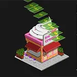 Mały sklep z lodami z różowym daszkiem, obok którego unoszą się zielone banknoty na czarnym tle