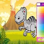 Kreskówkowy dinozaur na tle krajobrazu z wulkanem oraz paleta kolorów po prawej stronie