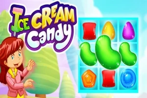 Kobieta w różowej bluzie obok kolorowych żelków na niebieskiej kratownicy z napisem „Ice Cream Candy” na kolorowym tle