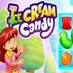 Kobieta w różowej bluzie obok kolorowych żelków na niebieskiej kratownicy z napisem „Ice Cream Candy” na kolorowym tle