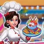 Młoda kobieta w stroju kucharki prezentuje deser lodowy z dodatkami na tle kolorowej kuchni