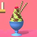 Deser lodowy w niebieskim pucharku z wafelkami, posypkami i wisienką na różowym tle