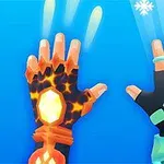 Para rąk w rękawiczkach, jedna z motywem ognia i druga z motywem lodu na niebieskim tle