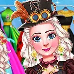 Dwie postacie o białych włosach z akcesoriami, jedna w cylindrze z piórami, na tle kolorowych sukni