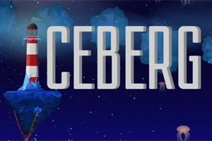 Latarnia morska na niebieskiej skale z napisem ICEBERG na niebieskim tle z meduzami