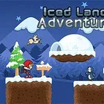 Postać w czerwonej czapce na ośnieżonej platformie w zimowym krajobrazie z igloo, pingwinem i łasicą