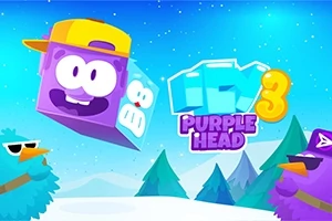 Fioletowy animowany stwór z żółtą czapką, uśmiechnięty, na tle zimowego krajobrazu z niebieskim niebem i ośnieżonymi szczytami oraz dwoma ptakami noszącymi okulary przeciwsłoneczne