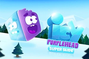 Fioletowa, uśmiechnięta kostka z oczami na tle zaśnieżonego krajobrazu z napisem Icy Purplehead Super Slide