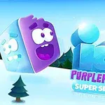 Fioletowa, uśmiechnięta kostka z oczami na tle zaśnieżonego krajobrazu z napisem Icy Purplehead Super Slide