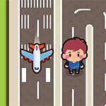 Osoba z różowymi włosami stoi na lotniskowej drodze obok lądującego samolotu