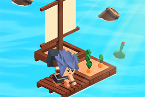 Postać z niebieskimi włosami na tratwie z żaglem, z roślinami i beczkami unoszącymi się na wodzie