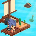 Postać z niebieskimi włosami na tratwie z żaglem, z roślinami i beczkami unoszącymi się na wodzie