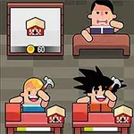 Trzy postacie z kreskówek trzymające młotki, siedzące przy biurkach z pudełkami, a nad nimi mężczyzna z kartą i monetami