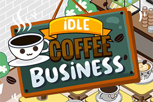 Kolorowa ilustracja z rysunkowym szyldem kawiarni z napisem Idle Coffee Business oraz uśmiechniętą filiżanką kawy