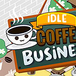 Kolorowa ilustracja z rysunkowym szyldem kawiarni z napisem Idle Coffee Business oraz uśmiechniętą filiżanką kawy