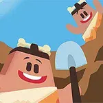 Postacie jaskiniowców z łopatą uśmiechające się w dziennej scenerii