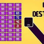 Jasnożółte tło z kolorowym układem prostokątów po lewej stronie, z liczbami, i ciemnym prostokątem pośrodku z cieniem oraz napisem Idle Destroyer po prawej