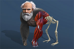 Postać z ciałem przypominającym małpę, z głową starca, jednym ramieniem pokazującym mięśnie, a drugim z kośćmi, na niebieskim tle