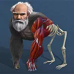 Postać z ciałem przypominającym małpę, z głową starca, jednym ramieniem pokazującym mięśnie, a drugim z kośćmi, na niebieskim tle