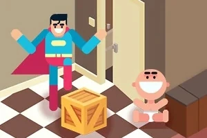 Postać w stroju superbohatera stoi w pokoju obok pudełka, a obok siedzi uśmiechnięte dziecko w pieluszce