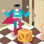 Postać w stroju superbohatera stoi w pokoju obok pudełka, a obok siedzi uśmiechnięte dziecko w pieluszce