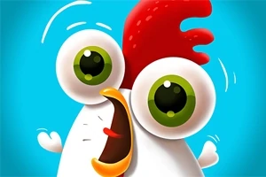 Kurczak z dużymi zielonymi oczami i czerwonym grzebieniem na niebieskim tle