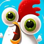 Kurczak z dużymi zielonymi oczami i czerwonym grzebieniem na niebieskim tle