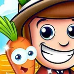 Postać o dużych oczach z szerokim uśmiechem trzyma widły, a obok niej jest marchewka z oczami na tle złotych monet