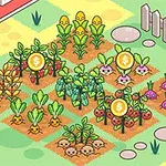 Rysunkowy ogród z różnorodnymi warzywami i farmerem z widłami stojącym po prawej stronie, otoczony płotem i zielenią