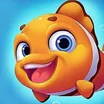 Pomarańczowa, uśmiechnięta rybka z dużymi oczami i białymi paskami na błękitnym tle