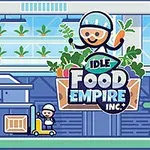 Postać z kreskówki w kasku trzymająca marchewkę i zioła, otoczona elementami futurystycznego magazynu z napisem „Idle Food Empire Inc