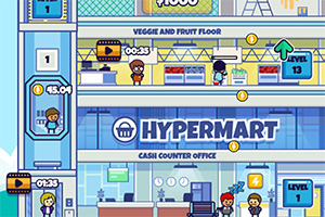 Wielopoziomowy budynek z kolorowymi postaciami, monetami i różnymi oznaczeniami wskazującymi poziomy oraz funkcje w ramach wnętrza supermarketu