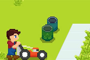 Pixelowa grafika przedstawiająca postać pchającą kosiarkę obok dwóch koszy na śmieci i chodnika na zielonym tle