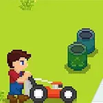 Pixelowa grafika przedstawiająca postać pchającą kosiarkę obok dwóch koszy na śmieci i chodnika na zielonym tle