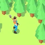 Postać w niebieskich ogrodniczkach i pomarańczowej koszuli z siekierą w ręku, otoczona przez las złożony z zielonych drzew o stożkowatym kształcie