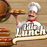 Kucharz trzymający tacę z posiłkami, otoczony obrazami burgerów, frytek, hot-dogów i sałatki, z napisem Idle Lunch