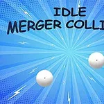 Niebieskie tło z promieniami i dwoma białymi kulami oraz tekstem Idle Merger Collider