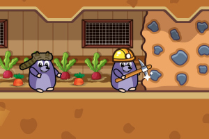 Fioletowe kreciki w tunelu; jeden kopie ścianę kilofem, a drugi stoi obok ogródka z warzywami