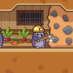 Fioletowe kreciki w tunelu; jeden kopie ścianę kilofem, a drugi stoi obok ogródka z warzywami