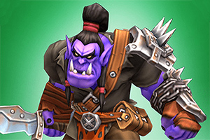 Fioletowy ork z czarnymi włosami związanymi w kucyk, ubrany w zbroję z kolcami i trzymający duży miecz, na zielonym tle